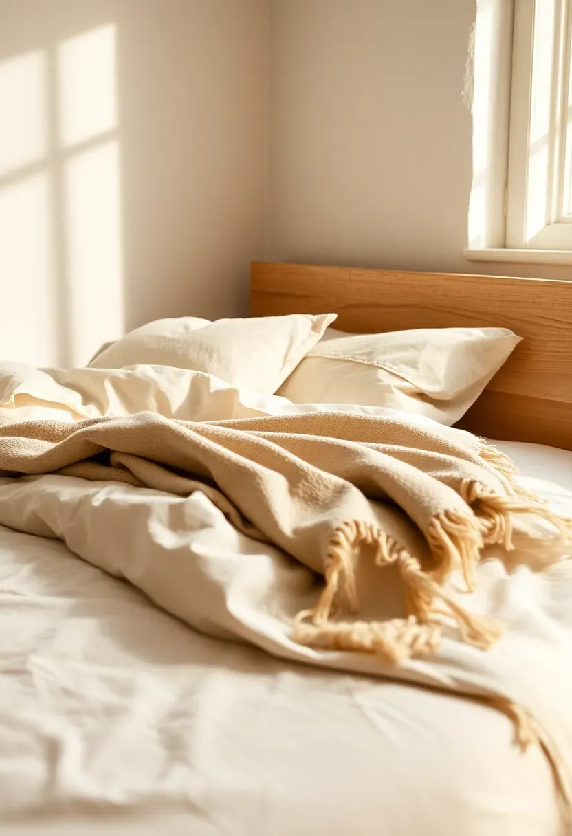 Linen bedding stack in soft sand