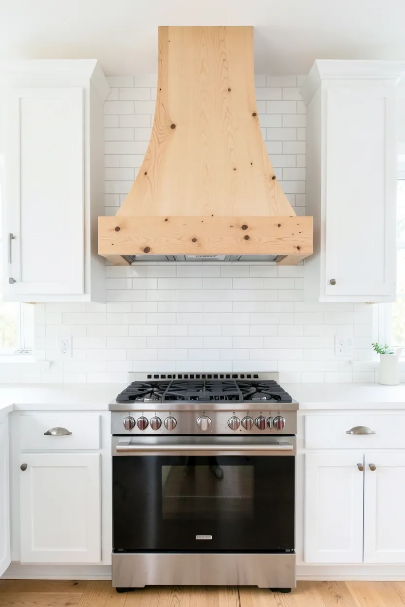 Natural wood range hood as a focal point above white kitchen cabinets and subway tile backsplash, warm oak grain contrasting bright white surfaces