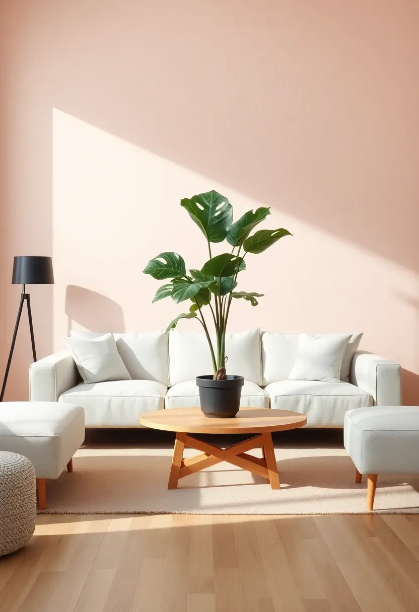 Hyper-realistic 3/4 view of a minimalist living room with soft blush pink walls, white low-profile sofa, light oak coffee table, and a single large potted monstera plant. Materials: matte blush paint, white cotton upholstery, light oak wood, black metal floor lamp. Bright natural daylight streaming in, soft gradient shadows, visible floor with light oak planks. Clean composition with negative space, sharp textures, balanced minimalist layout, no text, no watermarks.</p>