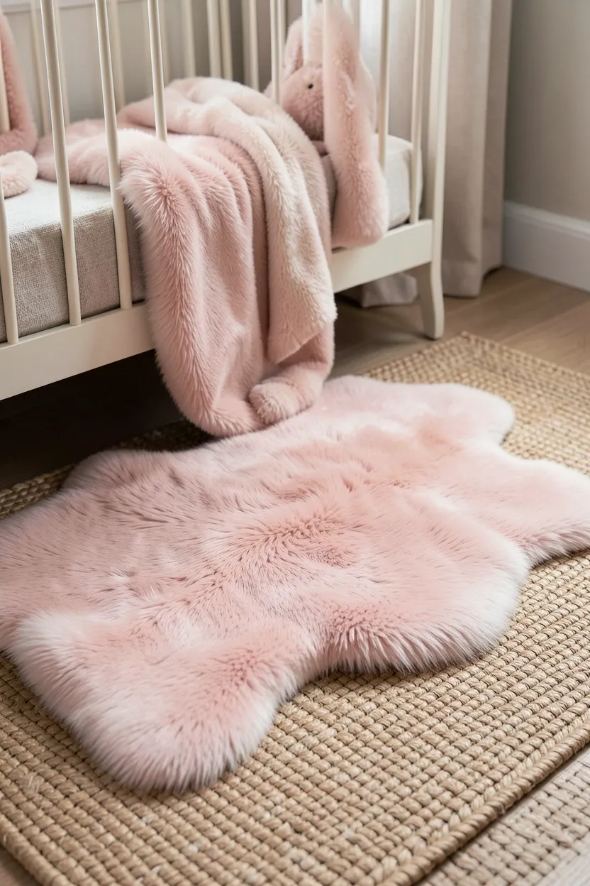 Soft blush pink sheepskin rug layered over natural jute rug beside wooden crib in boho baby room