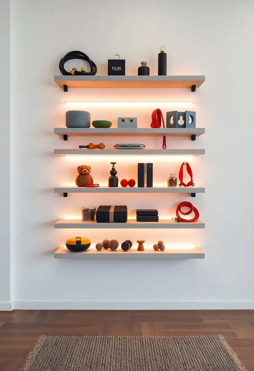 Staggered floating wood shelves on a white wall displaying kettlebells, resistance bands, and foam roller as decorative gym equipment storage