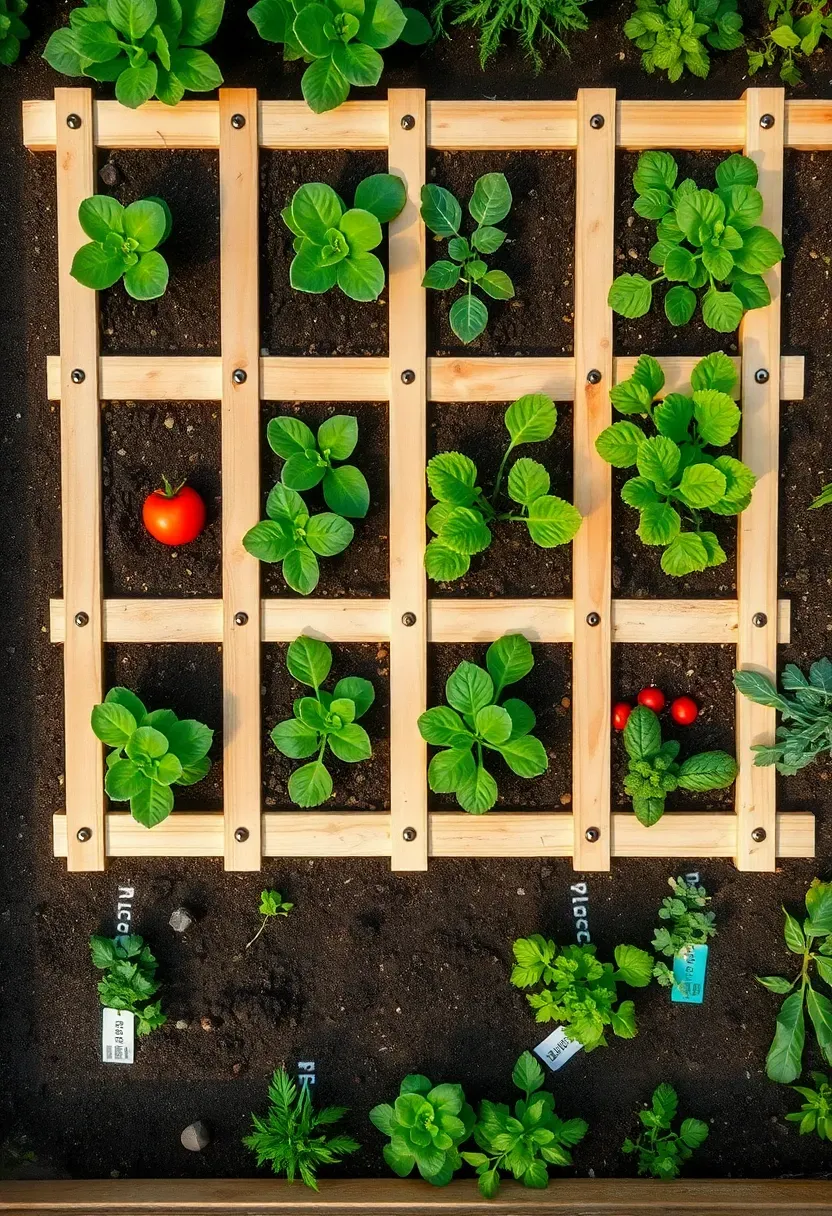 Overhead view of a square foot garden grid with neatly divided sections each planted with different vegetables and herbs