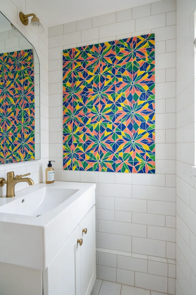Hyper-realistic eye-level photograph of a modern colorful bathroom accent wall featuring mosaic tile panel in vibrant blue, green, yellow, and coral geometric starburst pattern, surrounded by white subway tile walls, white vanity with brass faucet. Natural light illuminating mosaic details. Materials: multi-colored ceramic mosaic tiles, white subway tiles, brass fixtures, white wood. Vibrant mosaic tile art. Complex geometric patterns. No text, no logos, no watermarks.