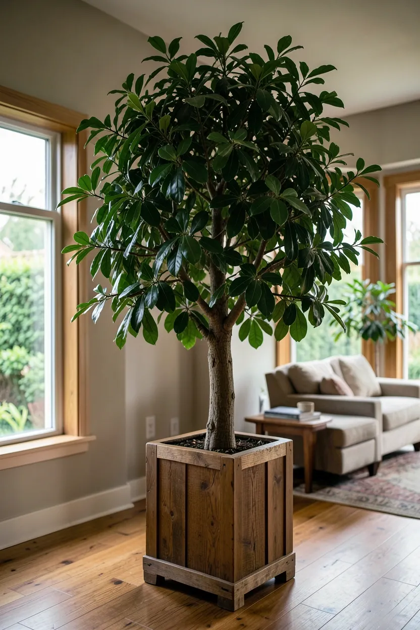 Tall potted olive tree in a natural wood plant stand adding dramatic greenery to a bright organic modern living room