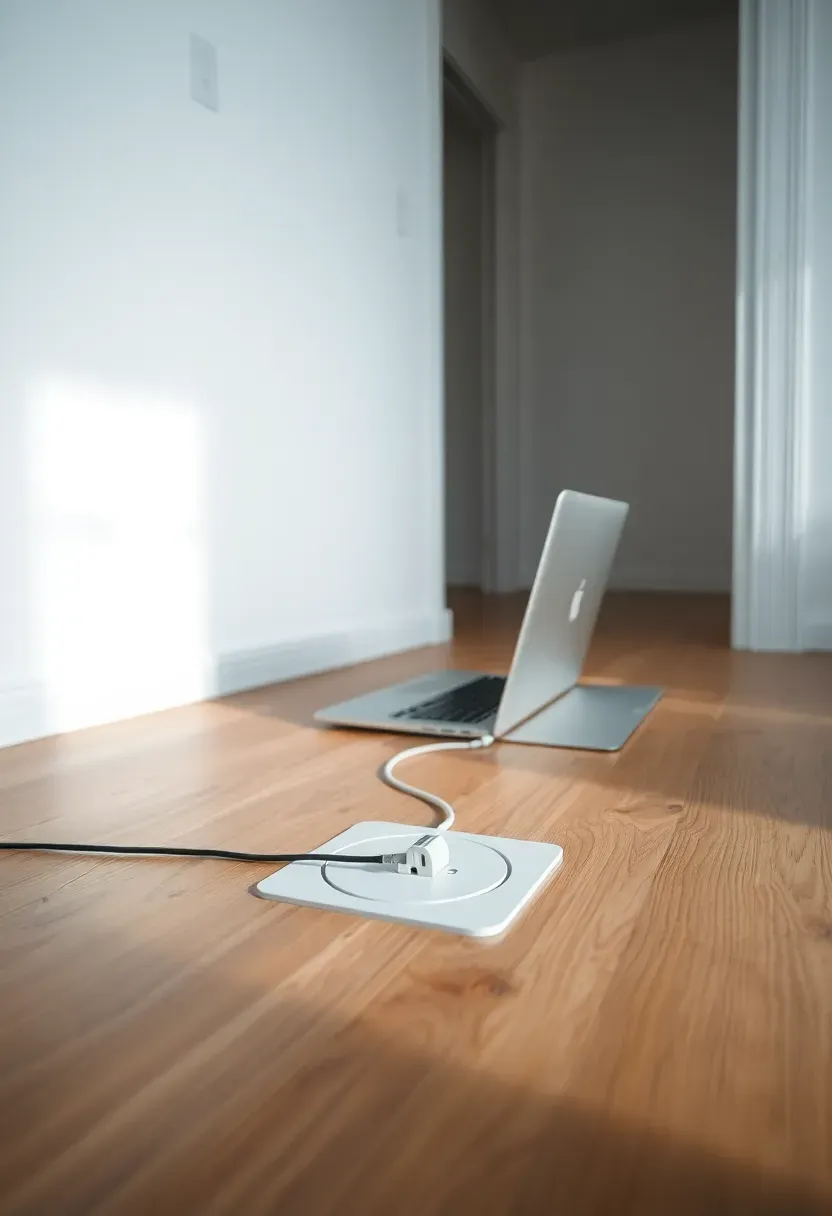 Hyper-realistic close view of minimalist living room oak floor showing pop-up electrical outlet flush with floor when closed, white walls with hidden outlets, no visible wall plates or cord clutter, laptop charging from floor outlet. Materials: pop-up floor outlet mechanism, oak wood floor, white walls. Natural light, invisible utility mood. Hidden electrical infrastructure, shallow depth of field, no text, no logos.</p>