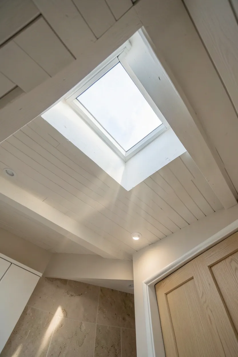 Frosted skylight flooding a neutral japandi bathroom with soft diffused daylight — minimalist ceiling with timber framing