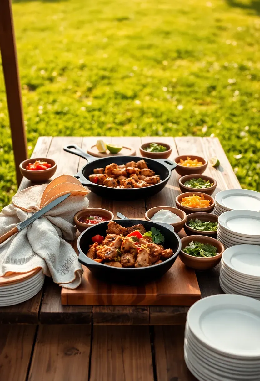 A DIY taco bar station at an outdoor birthday party with tortillas, grilled meats, bowls of toppings, and lime wedges on a rustic table