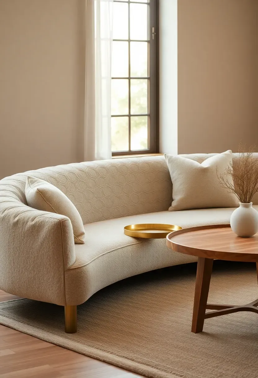 Curved sofa with boucle and brass accents