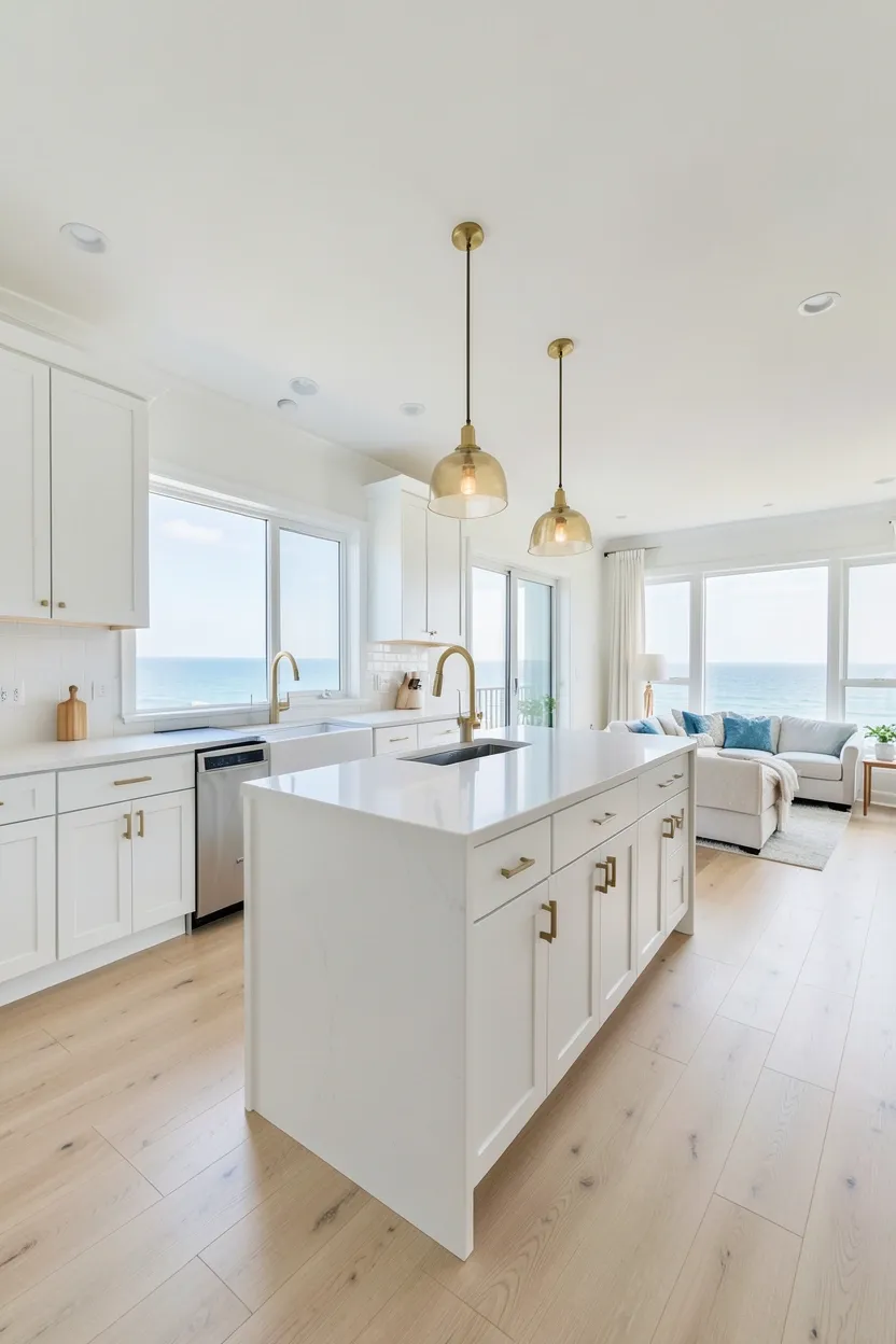 Open concept coastal kitchen with light neutral cabinetry, porcelain tile flooring, and large windows framing outdoor views