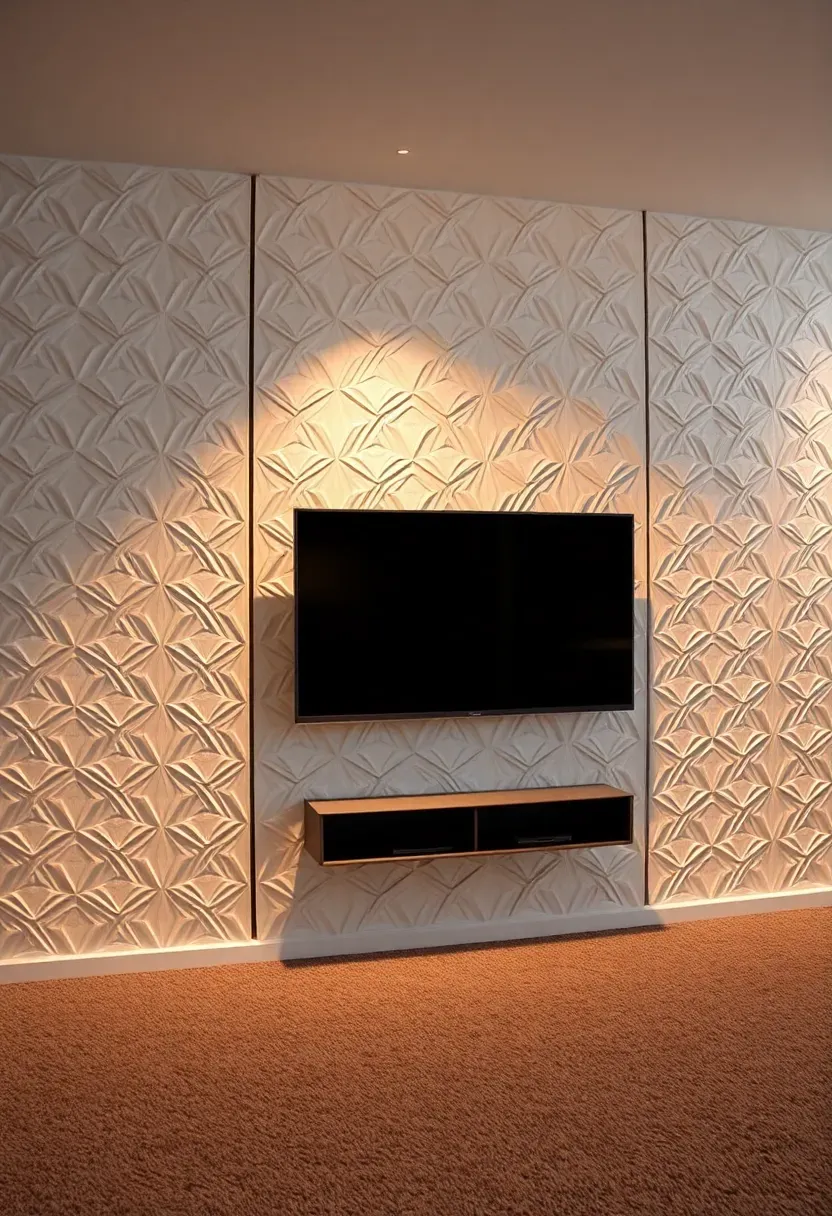 Three-dimensional geometric textured wall panels in white behind a basement TV creating dramatic shadows from accent lighting