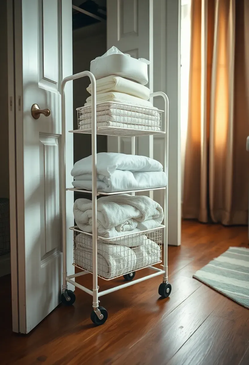 small rolling cart with three wire baskets parked next to a nursery closet holding diapers, burp cloths, and blankets