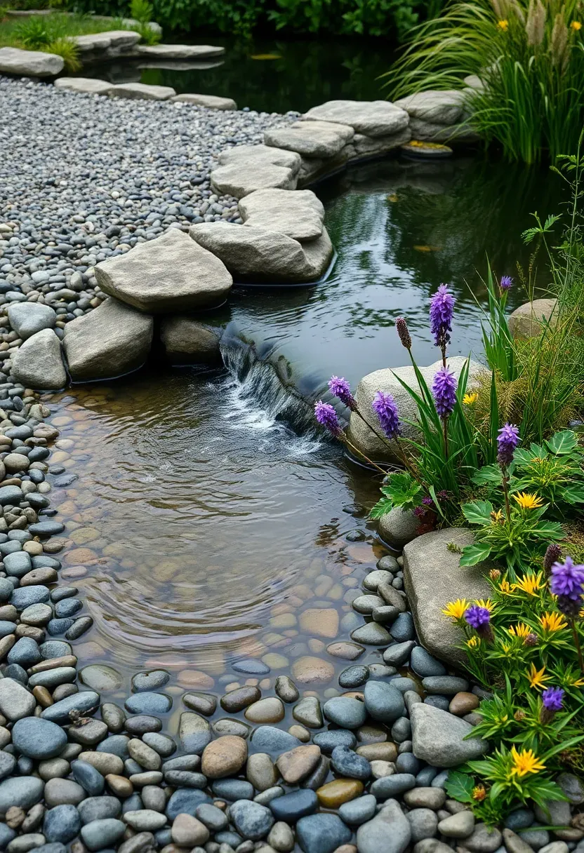 Wildlife pond with naturalistic pebble beach waterfall entry, purple loosestrife, marsh marigold, and native sedges at the water's edge in a biodiverse garden