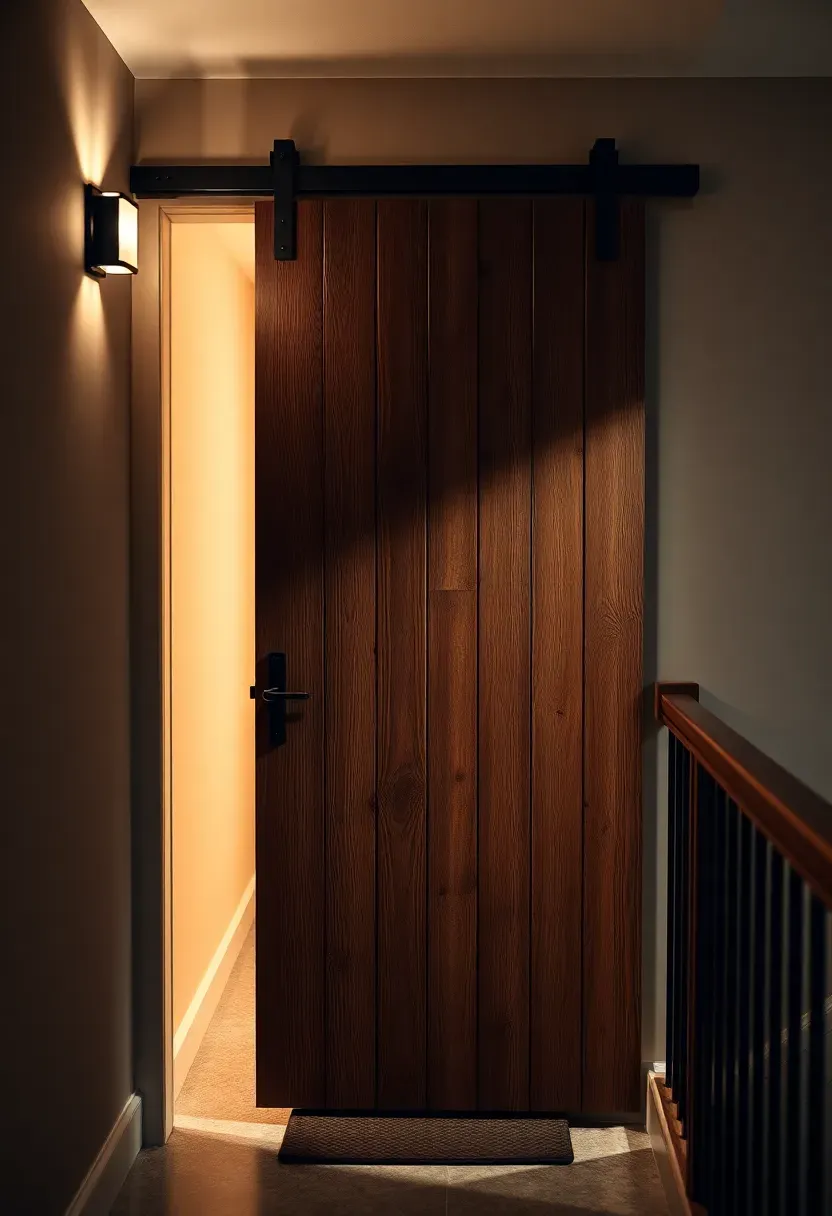 A dark walnut barn door mounted on a matte black steel track at the top of basement stairs