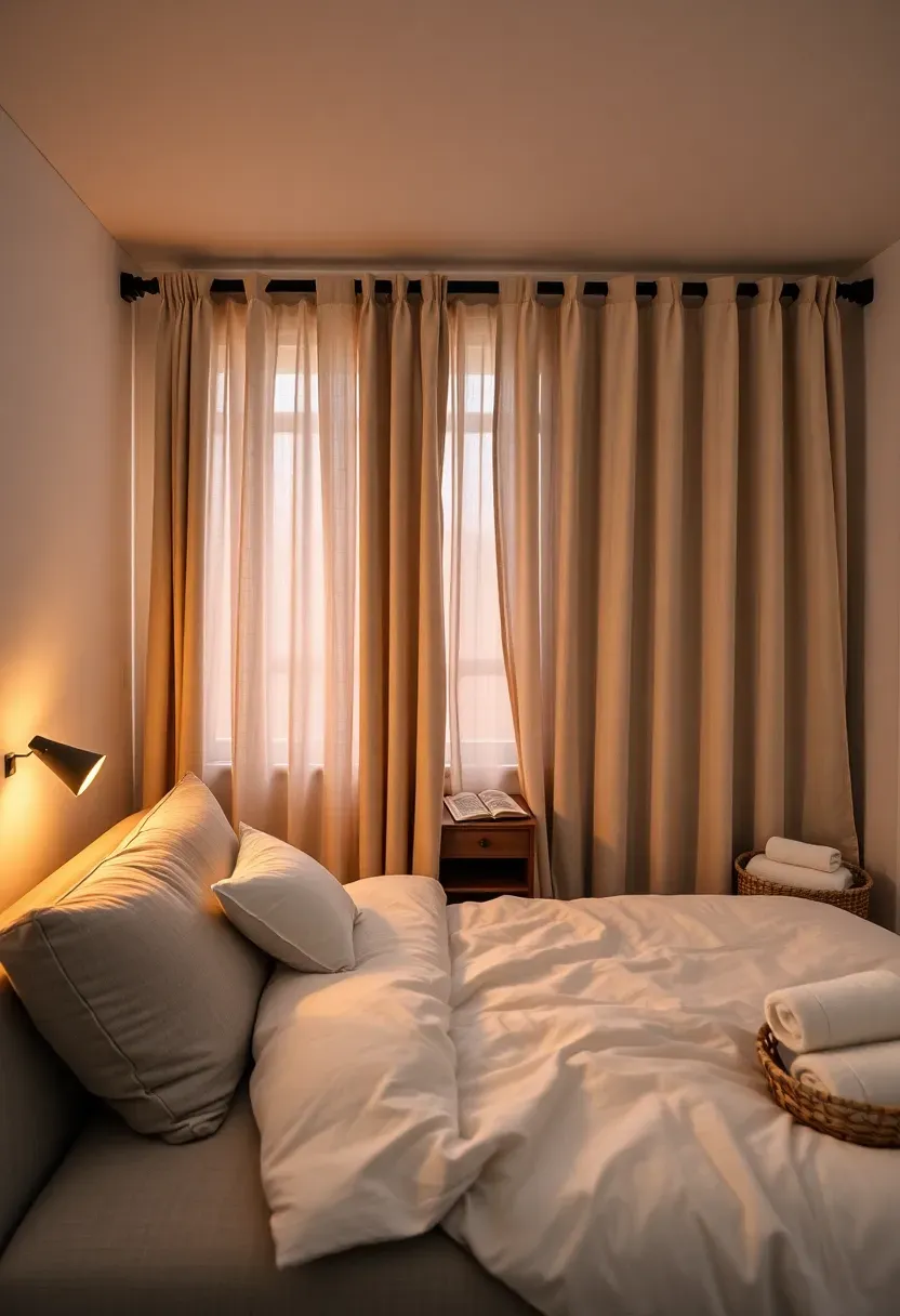 basement guest suite layout with sofa bed privacy curtain and bedside table