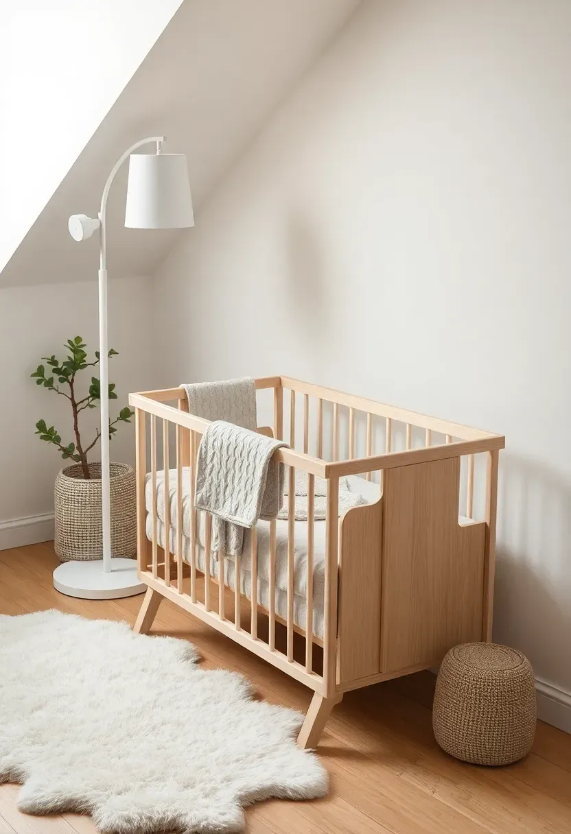 Scandinavian nursery corner in neutral oatmeal tones with birch bassinet, dimmable floor lamp, and sheepskin rug in rental bedroom