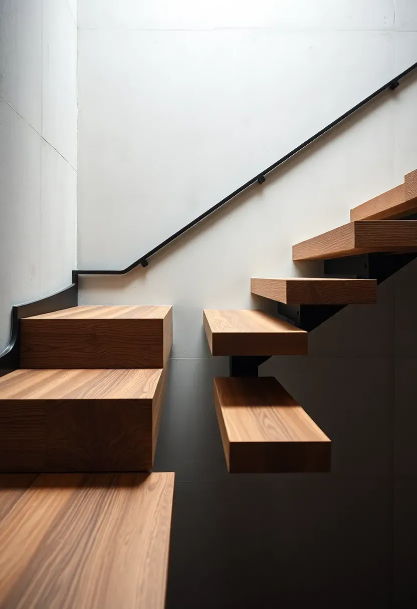 Modern basement stairs with open risers showing gaps between thick solid wood treads mounted on steel stringers