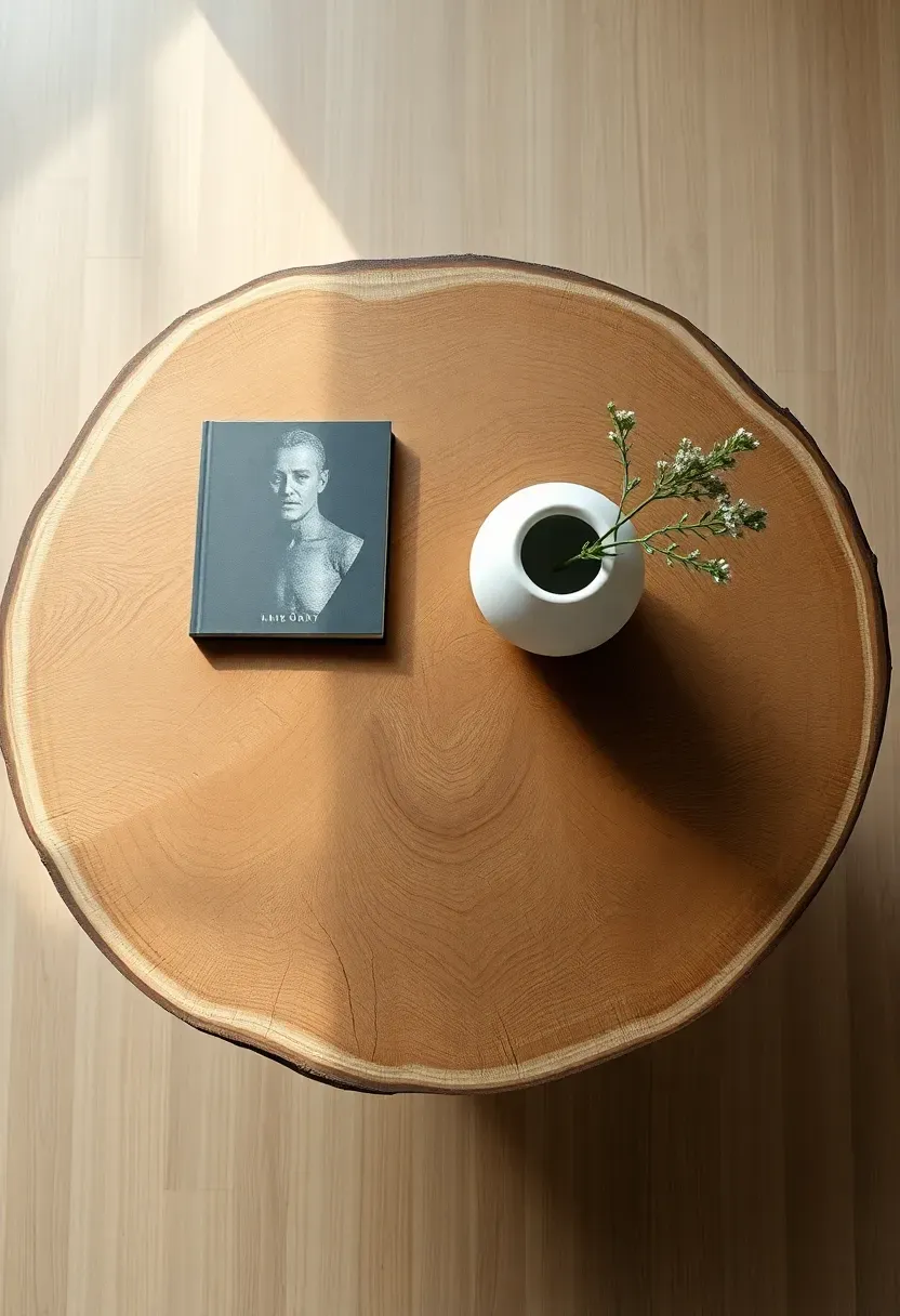 Hyper-realistic top-down slightly angled view of round Scandinavian coffee table in live-edge light oak slab with natural bark edge detail. Table styled with single book and small white ceramic vase. Light oak floor visible beneath table edge. Materials: natural oak with visible grain pattern, organic irregular edge, matte white ceramic. Bright daylight from above, soft shadow cast on floor. Organic natural anchor mood. Shallow depth of field showing wood grain texture and live-edge detail. No text, no logos, no watermarks.</p>