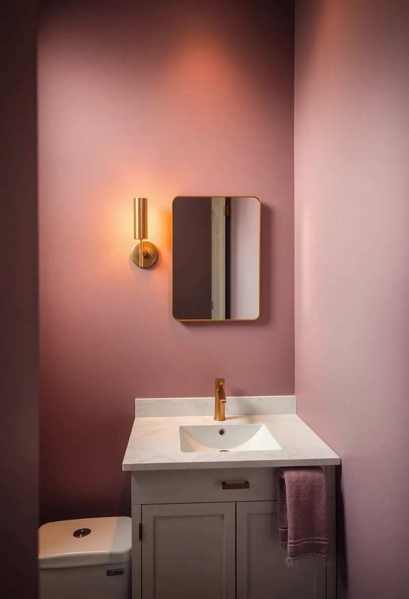 Compact bathroom with soft plum painted walls, brass wall sconce, and white marble vanity top