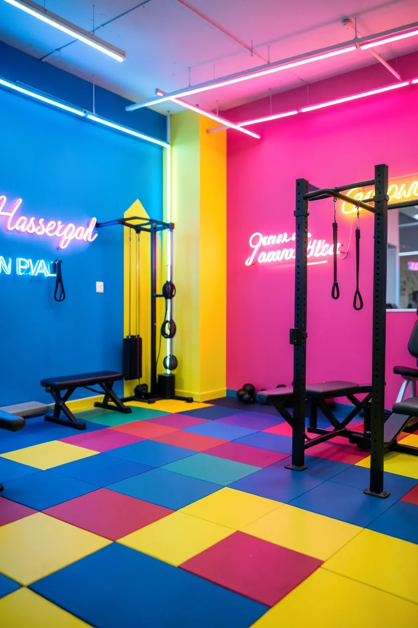 Colorful pop art home gym with electric blue and yellow walls, geometric floor tiles, neon sign, and bright dumbbell set