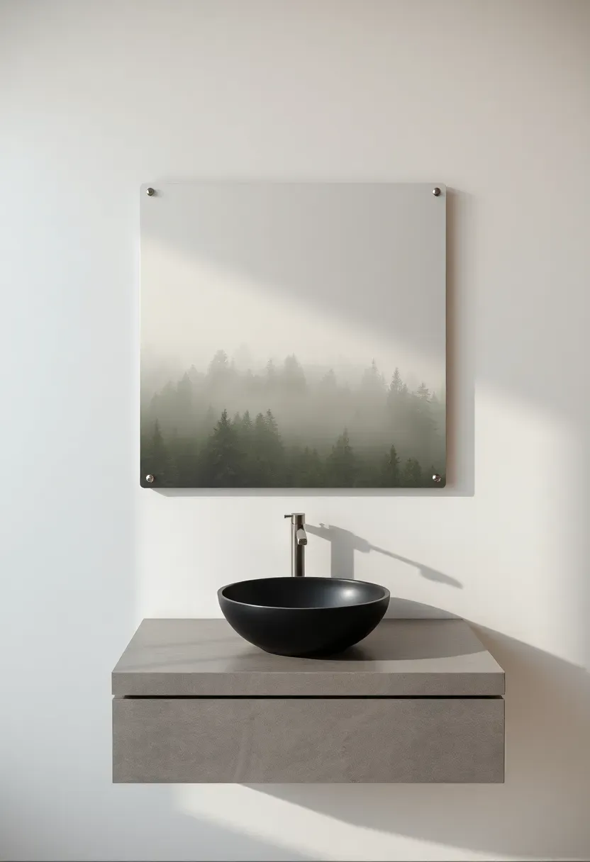 Large format photograph printed on rigid composite panel with matte finish mounted flush on a modern bathroom wall