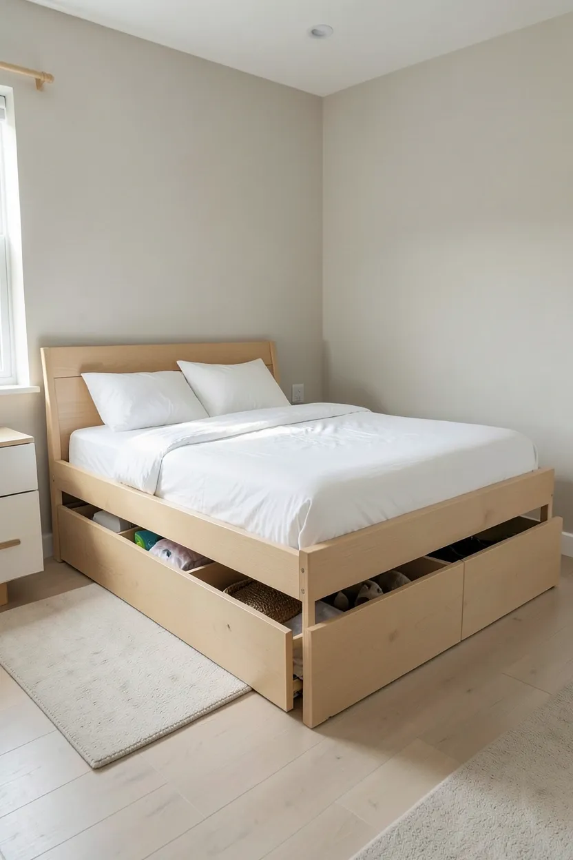 Low-profile natural wood platform bed with two built-in storage drawers on each side in a compact bedroom