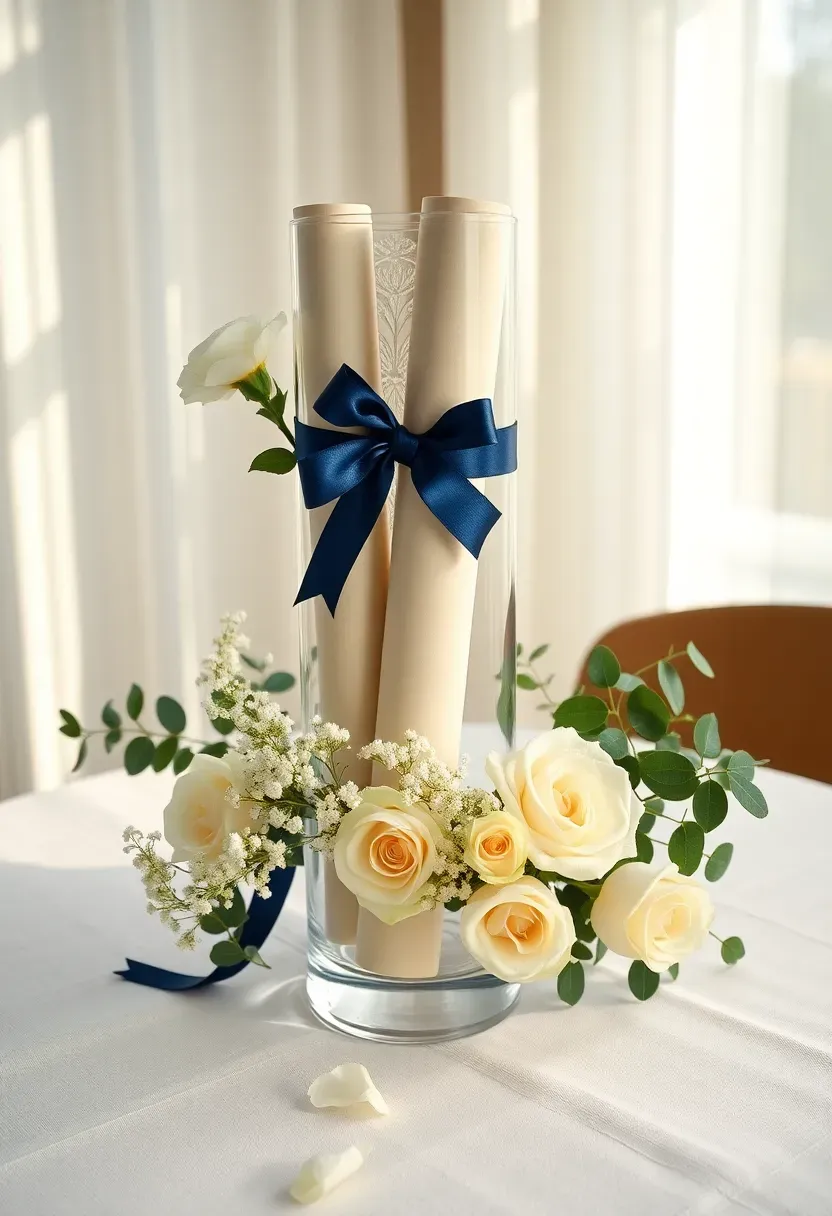 Rolled diploma scroll arranged inside a tall glass vase with fresh flowers and ribbon in school colors
