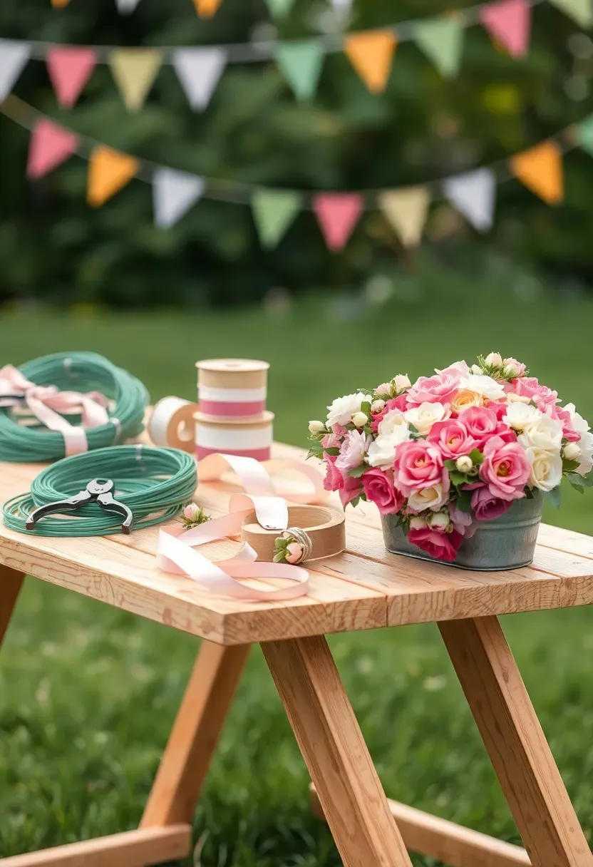 A craft table set up outdoors with wire forms, silk flowers, ribbon, and pliers for making flower crowns at a birthday party