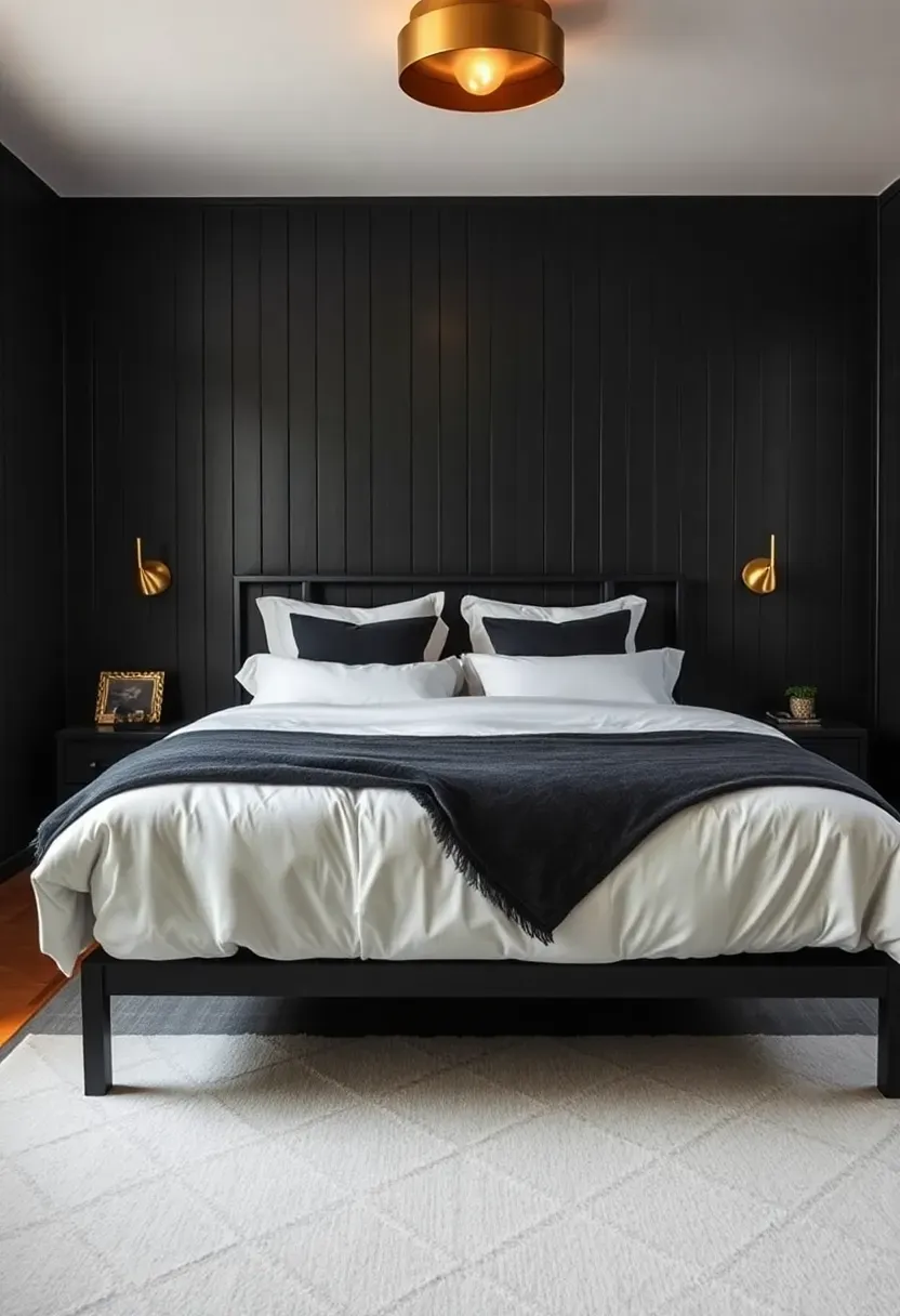 Hyper-realistic wide shot of a moody bedroom with black vertical shiplap paneling on all walls, queen bed with white duvet and black pillows, modern black bed frame, brass wall sconces, white geometric rug. Visible room context with black shiplap continuing to ceiling, brass ceiling light. Materials: black shiplap paneling, white cotton, black velvet, polished brass. Warm brass lighting with dimensional shadows from paneling texture. No text, no logos, no watermarks.</p>