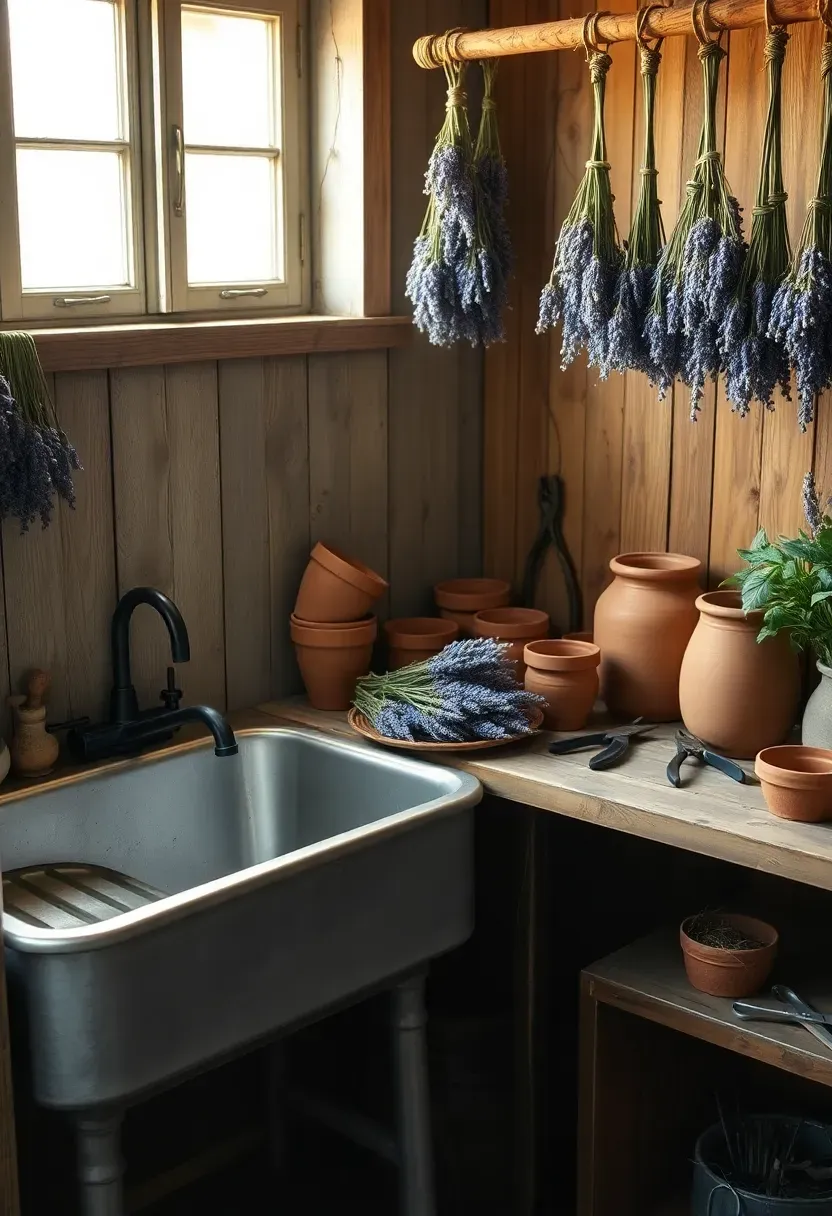 She shed floral workshop with zinc farmhouse sink, worn oak potting bench, terracotta pots, pruning shears, and dried lavender bundles hanging from dowels