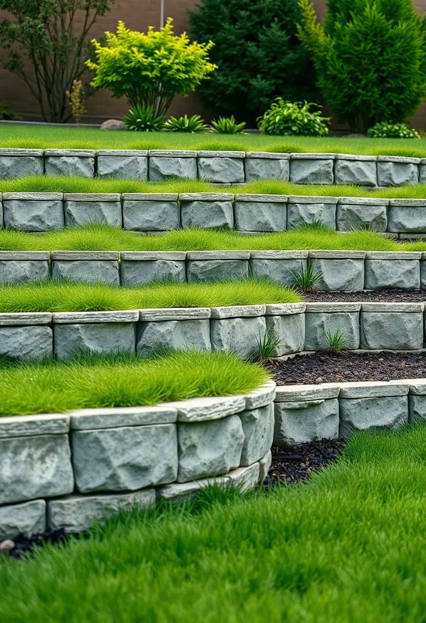 Three-tiered backyard with stone retaining walls separating grass levels and ornamental plantings along each wall