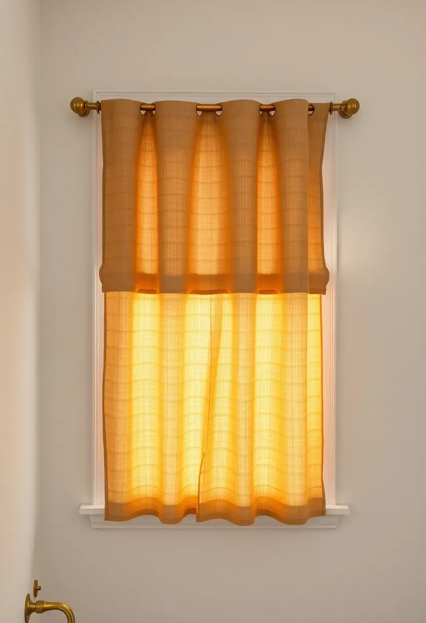 Bathroom window with natural linen curtain hung on brass clip rings on an exposed brass curtain rod warm tones