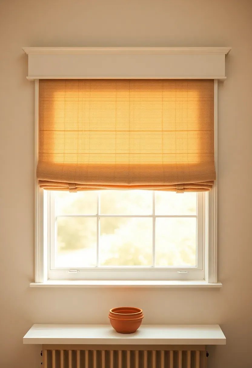 Farmhouse sunroom windows with natural linen Roman shades and a painted wood cornice board in white with subtle grain texture and warm afternoon light