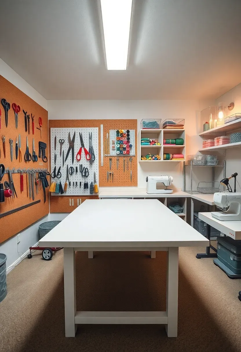 Organized basement craft room with a large cutting table in the center, wall-mounted thread and ribbon storage, pegboard with tools, and bright overhead lighting