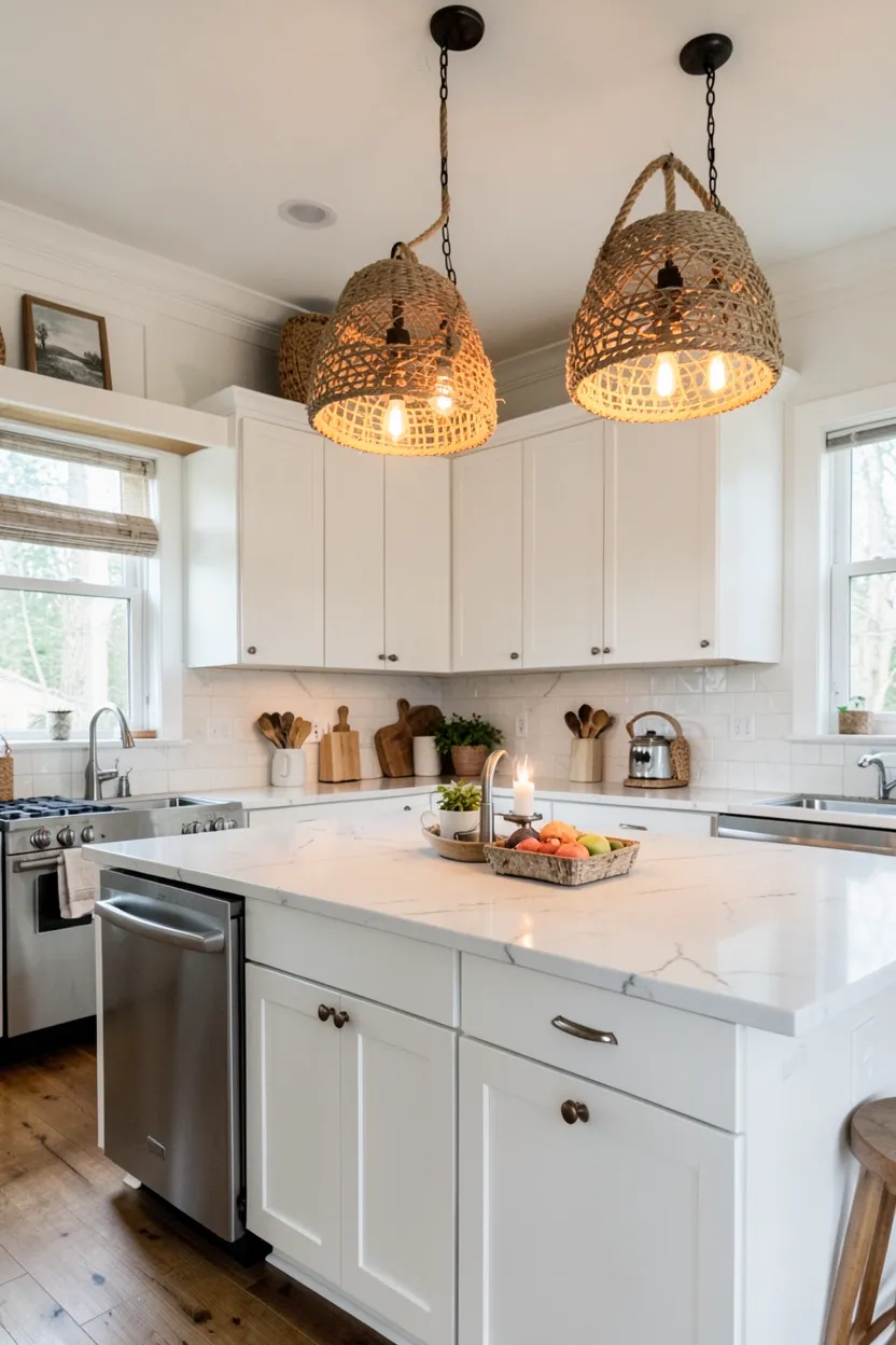 Rope-Wrapped Pendant Lights Over Island
