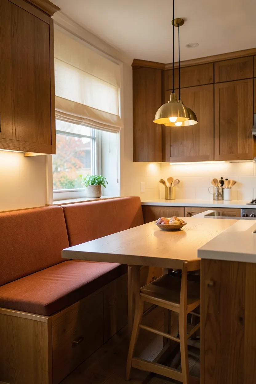 Hyper-realistic eye-level photograph of a kitchen with built-in banquette seating. Built-in banquette along wall features terracotta fabric upholstery with warm wood base and backrest. Banquette provides comfortable seating for three people. Counter overhang in light oak creates dining surface. Upper cabinets in warm walnut line the wall. Window with cream Roman shades visible. Warm ambient lighting from brass pendant lights creates cozy autumnal dining atmosphere. Visible kitchen flow and permanent dining integration. No text, no logos, no watermarks.</p>