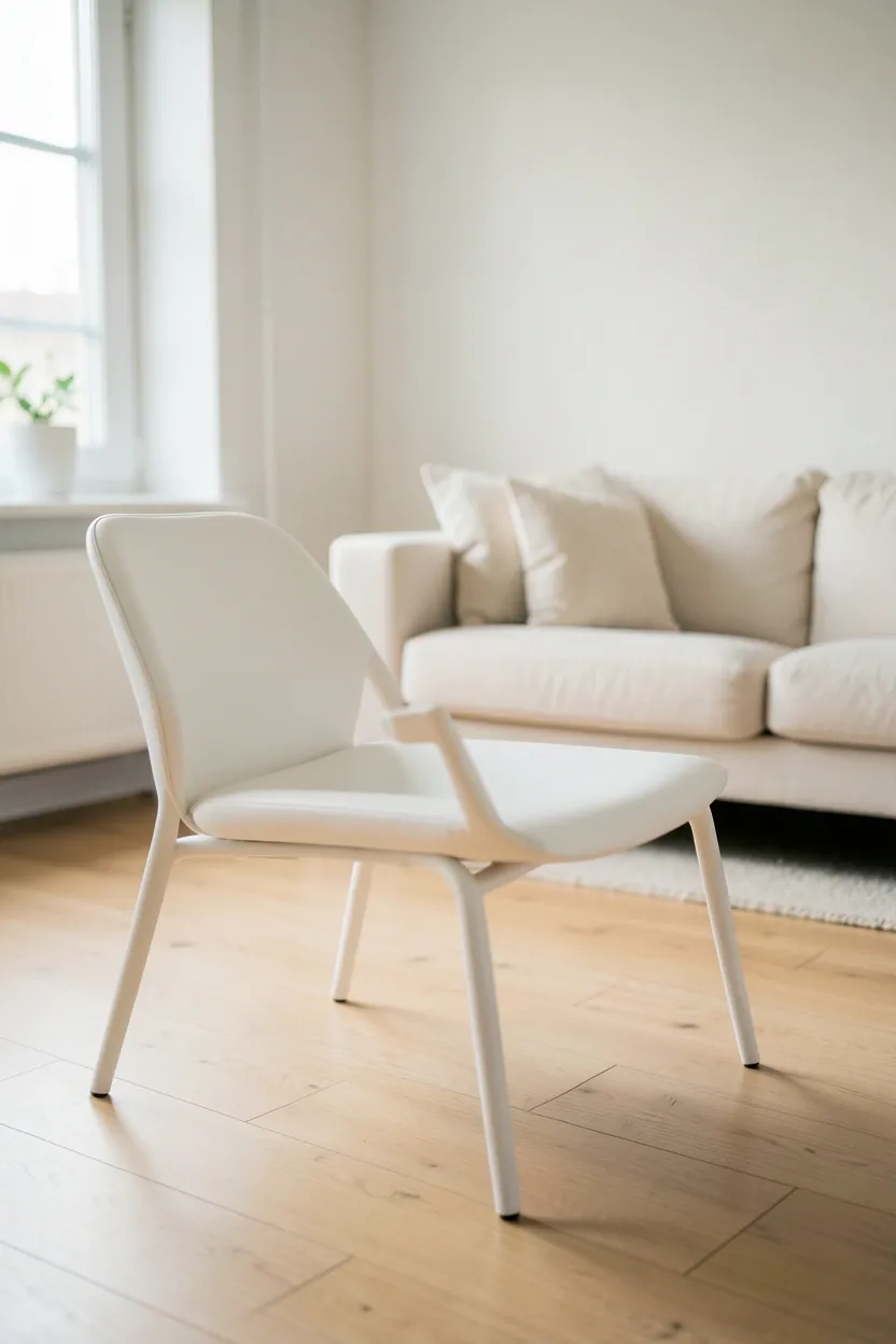 Slim Scandinavian accent chair with light wood legs and neutral oat upholstery in a small apartment living room
