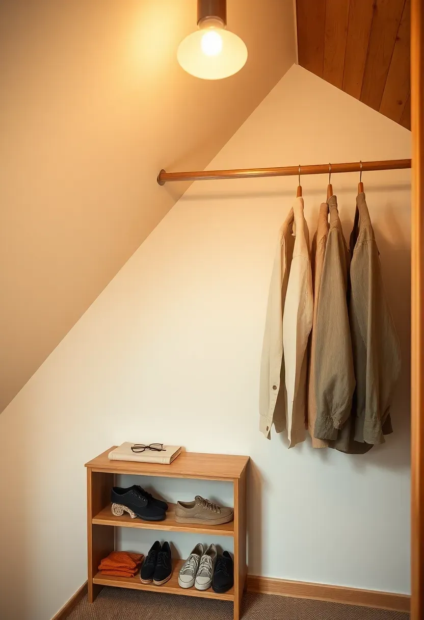 single wooden hanging rod installed along sloped attic ceiling with clothes hanging, warm pendant light above