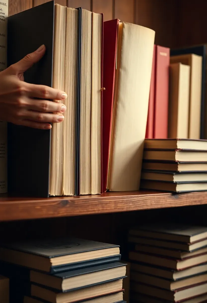Hands arranging hardcover books horizontally and vertically on a wooden bookshelf section — some stacked flat, some standing upright with spines facing inward, warm afternoon light