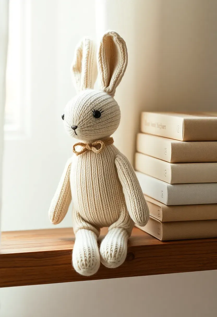 heirloom quality hand-knit stuffed rabbit toy sitting on a wooden nursery shelf beside baby books