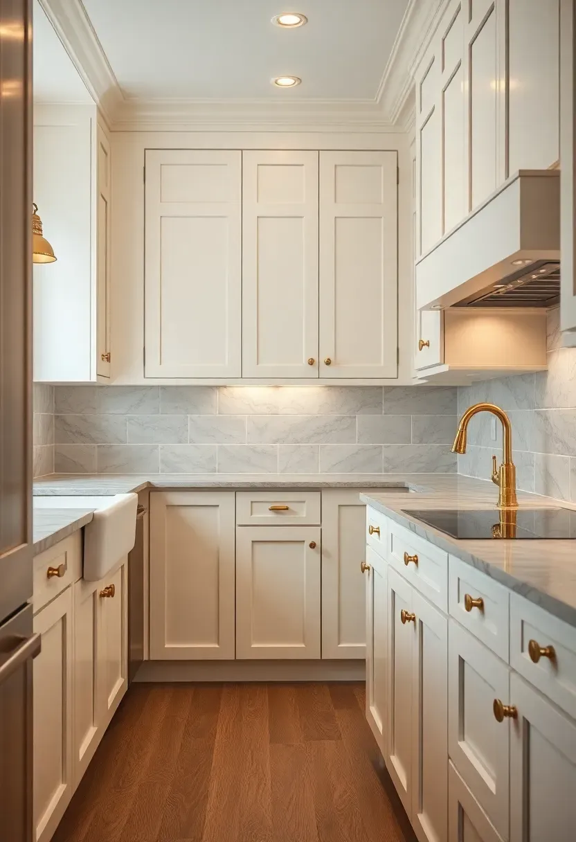 Hyper-realistic 3/4 view of a warm white kitchen with cream cabinetry and unlacquered brass hardware throughout. Materials: cream painted cabinets with subtle brush strokes, brass cup pulls and knobs, brass pendant lights, honed marble countertops with warm gray veining, warm gray ceramic tile backsplash, warm oak flooring. Soft natural light with warm brass reflections, under-cabinet lighting. Visible brass faucet and brass cabinet hardware catching light. Elegant warm mood with aging brass character. Shallow depth of field showing brass hardware, sharp details on metal finishes. No text, no logos, no watermarks.</p>