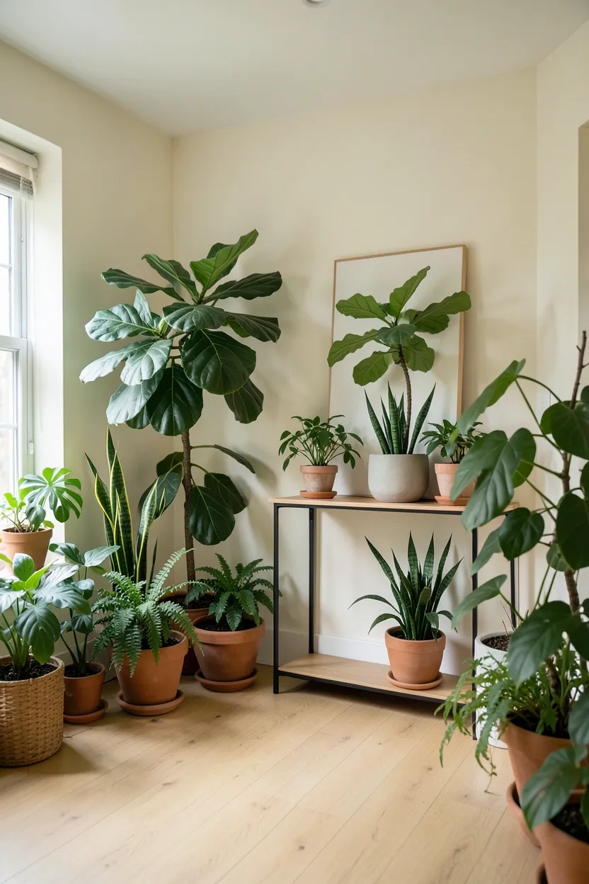 Pothos, snake plant, and trailing ivy placed throughout a minimalist rental apartment for consistent greenery