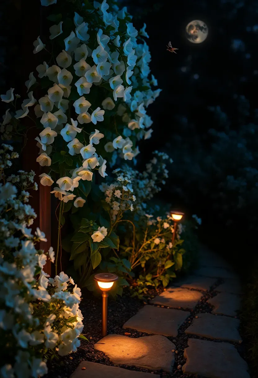 A moon garden at night with white-blooming flowers, silvery foliage, and low solar path lights casting a soft glow