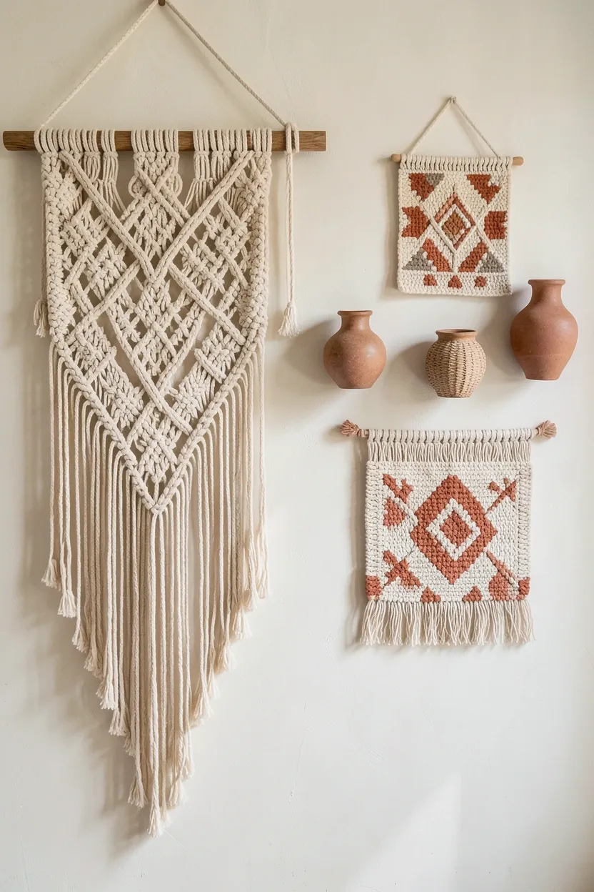 Bohemian wall decor in a rental apartment: large macramé hanging in cream and rust, woven tapestry with geometric pattern, and handmade ceramic wall vessels creating an artisan gallery wall without permanent damage