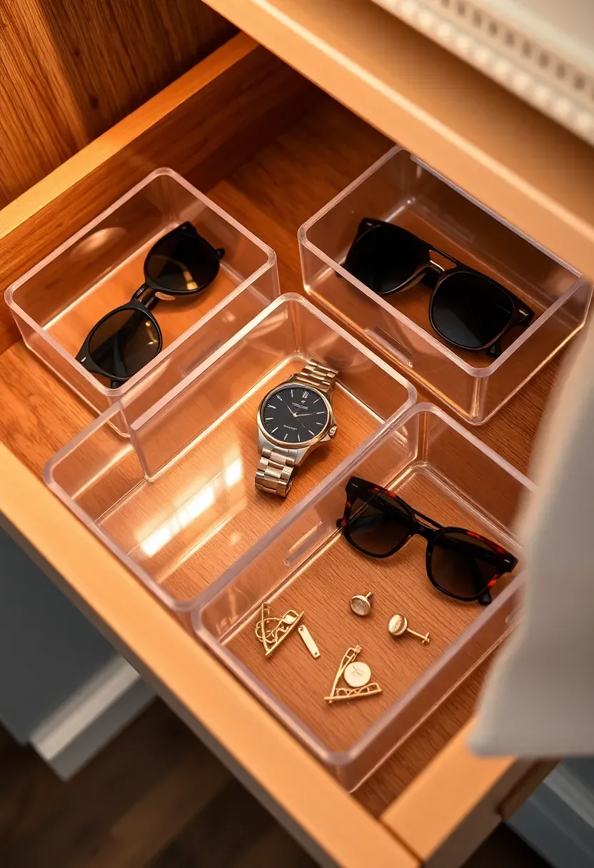 Clear acrylic drawer organizer bins inside a closet drawer holding sunglasses, watches, and small accessories separated into individual compartments