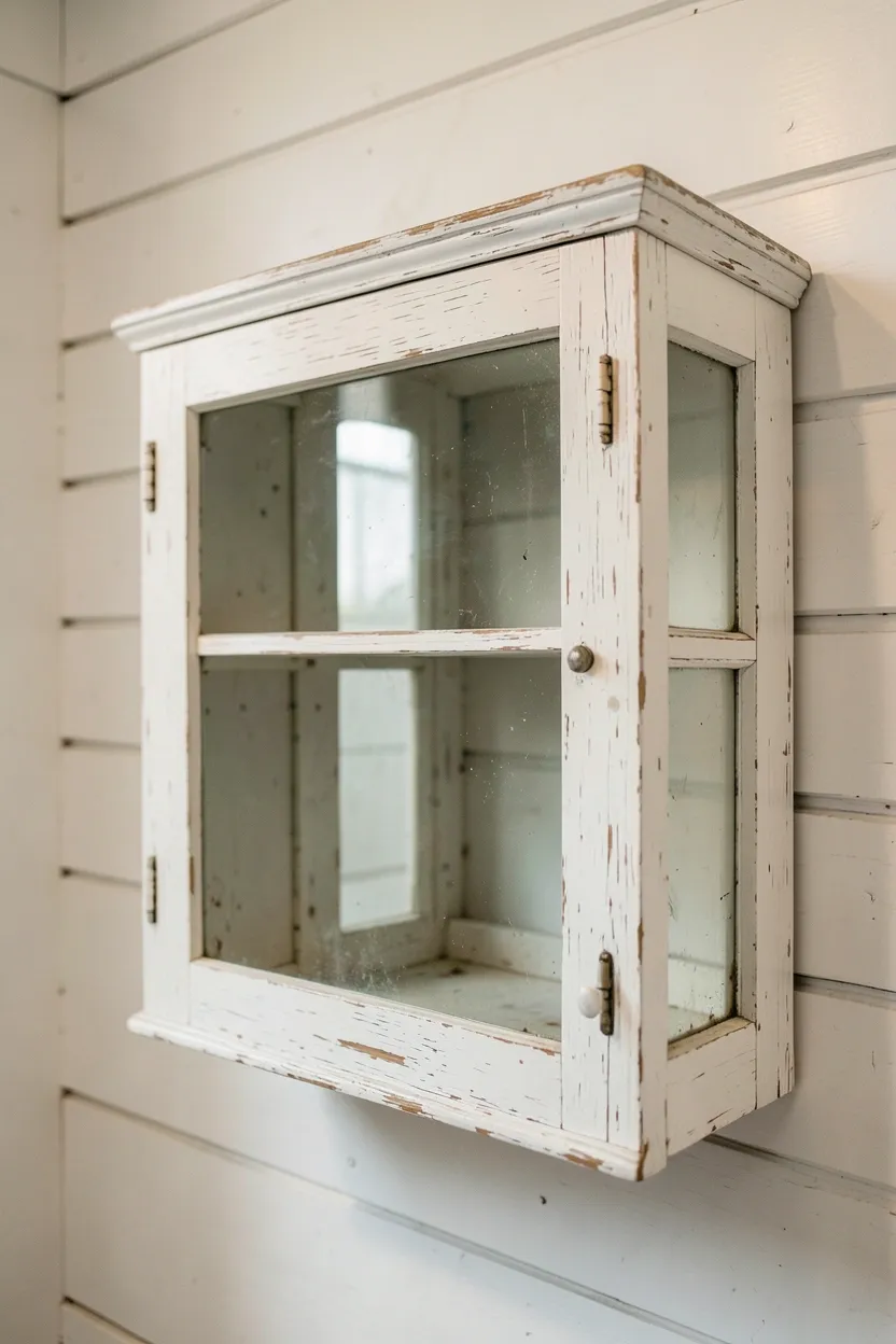 Aged wood vintage medicine cabinet with chipped white paint and aged mirror above a farmhouse bathroom vanity