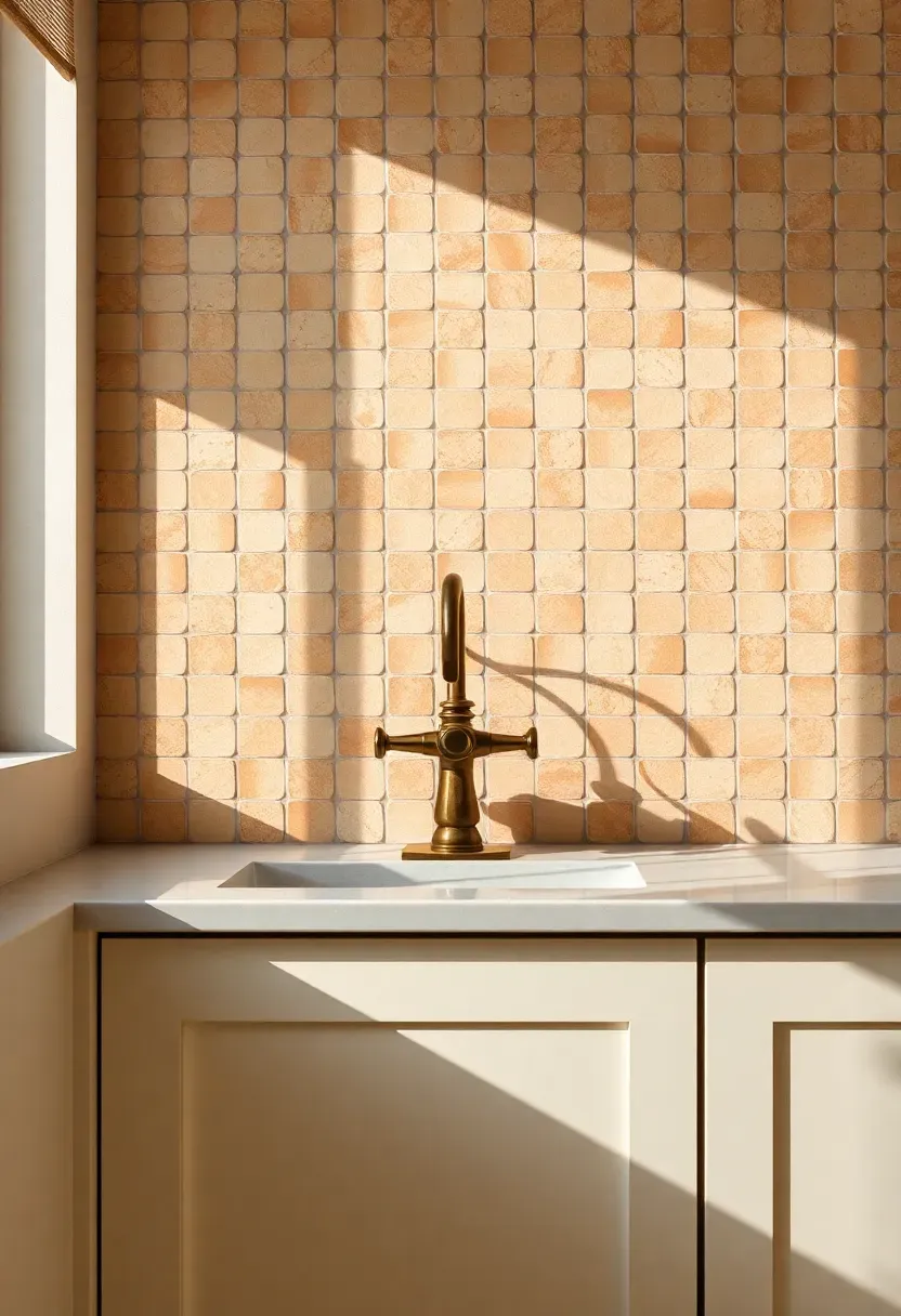 Zellige handmade terracotta and ivory tile backsplash in a bright kitchen with brass tap and cream cabinetry, sunlight casting irregular reflections across the tiles