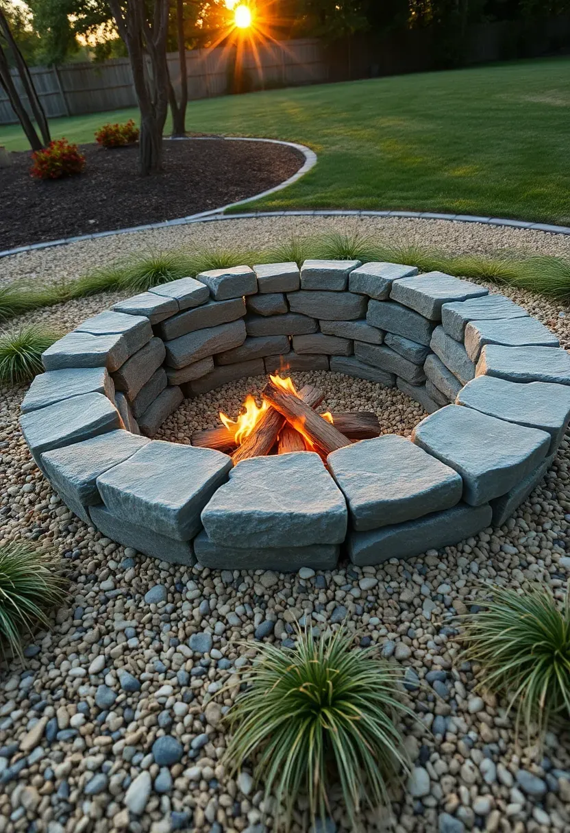 Dry-stacked bluestone fire ring surrounded by native grasses on a gravel patio in early evening light