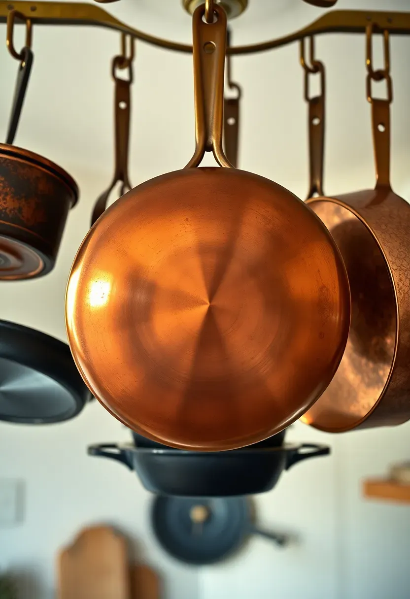 Collection of antique copper pots and pans with warm tarnished patina hanging from a ceiling-mounted iron pot rack over a kitchen island in a shabby chic cottage kitchen