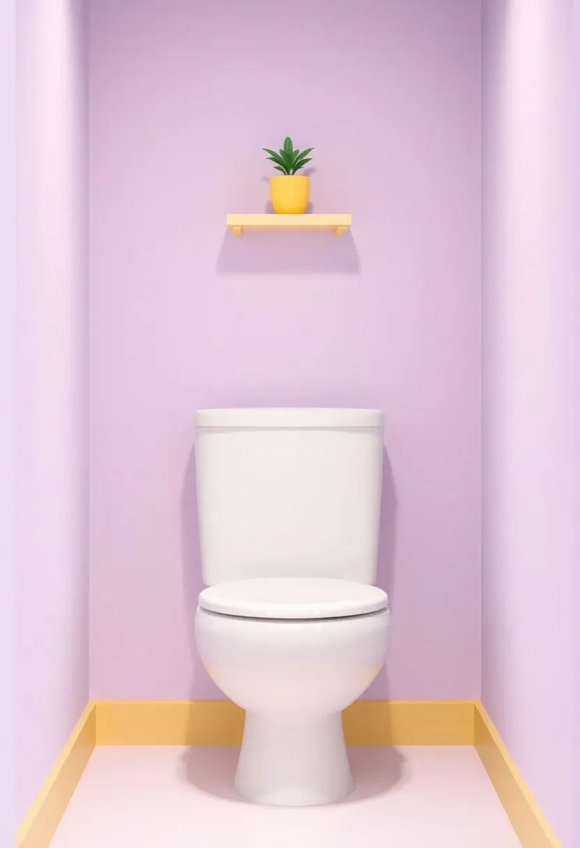Space-saving toilet placement with soft yellow floating shelf above and small plant on lavender walls in a small rental bathroom