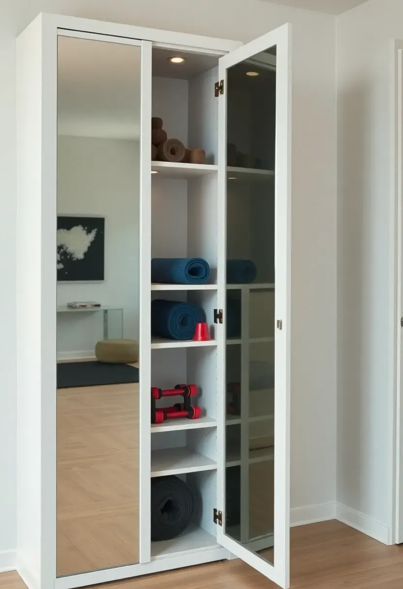 Mirrored storage cabinet in a home gym concealing resistance bands and yoga mats while providing full-length form-checking mirror